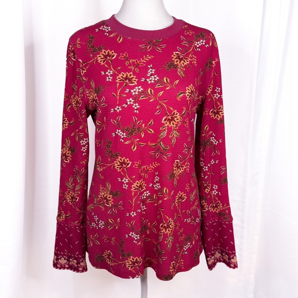 Sundance Waffle Knit Top L Berry Floral Boho Thermal Velvet Cuff Long Sleeve EUC